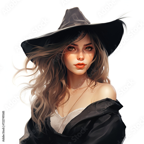 Photo Realistic Style Pretty Girl Witch Beautiful Girl in Witch Costume White Background