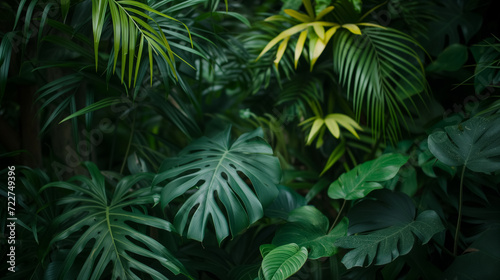 Dense tropical leaves in a lush setting.