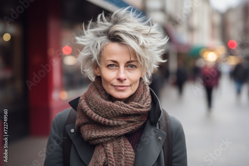 Portrait of mature woman with short blond hair and scarf in city