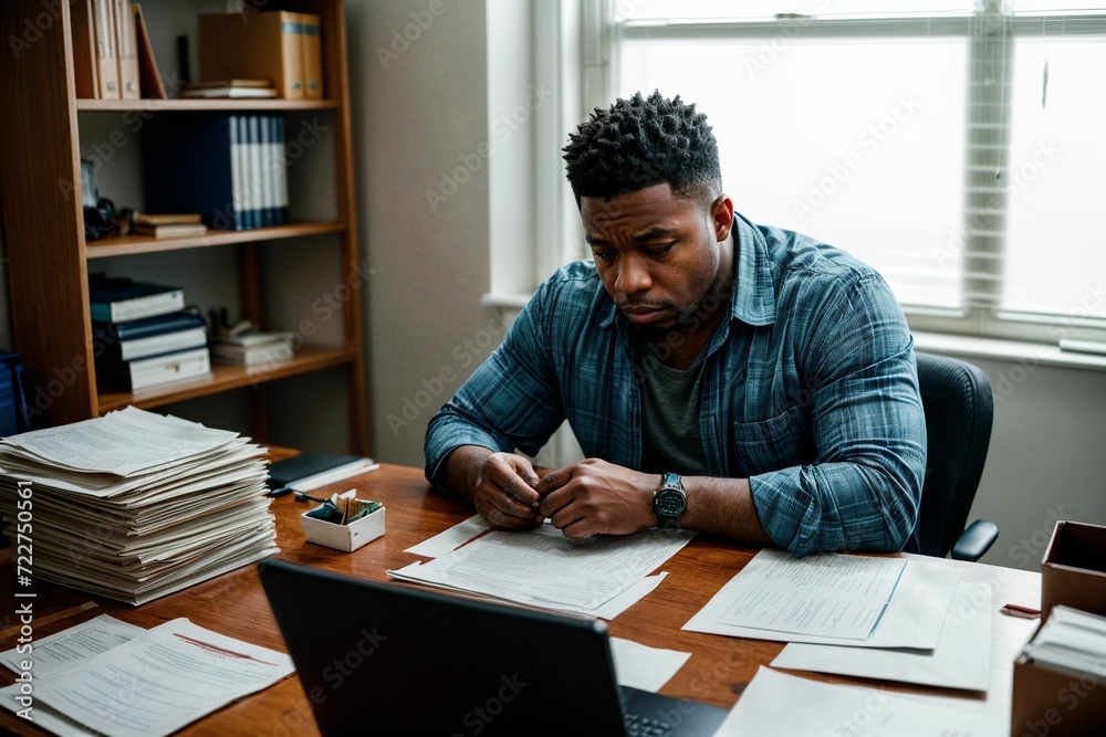 An extremely stressed and frustrated man sits in an office surrounded by papers, expressing worry, anger, and having a tough day at work An extremely stressed and frustrated man sits in an office surrounded by papers, expressing worry, anger, and having a tough day at work