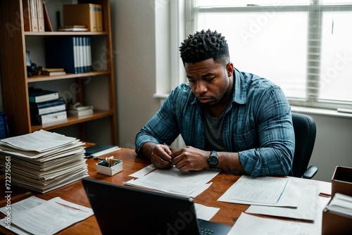 An extremely stressed and frustrated man sits in an office surrounded by papers, expressing worry, anger, and having a tough day at work