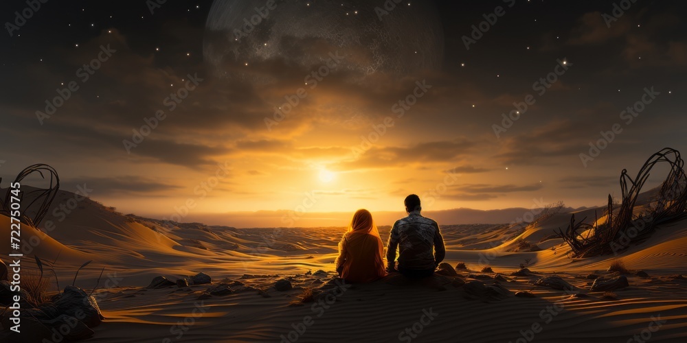 Φωτογραφία A couple in love sits in the desert at night and looks at the sunset
