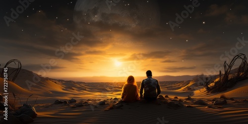 A couple in love sits in the desert at night and looks at the sunset. photo