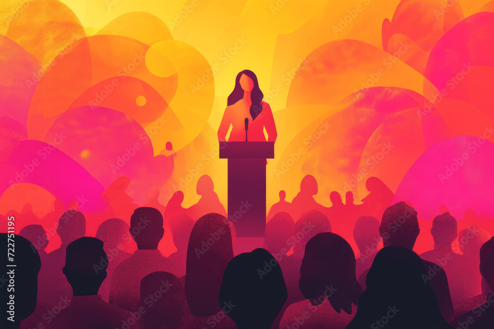 A woman standing at a podium, delivering an inspiring speech on gender equality and empowerment, with a diverse audience in the background. - obrazy, fototapety, plakaty 