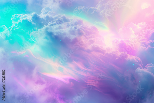 An abstract background with holographic rainbow iridescent unicorn pastel purple pink teal blue colors. Lens light leaks flash. Background image. Created with Generative AI technology