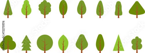 Flat trees set, pines, spruces, conifers and deciduous trees. Forest green tree nature plant isolated vector illustration