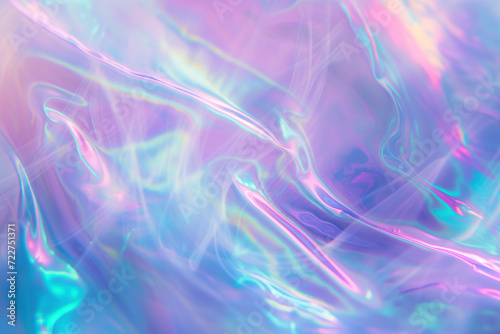 An abstract background with holographic rainbow iridescent unicorn pastel purple pink teal blue colors. Lens light leaks flash. Background image. Created with Generative AI technology