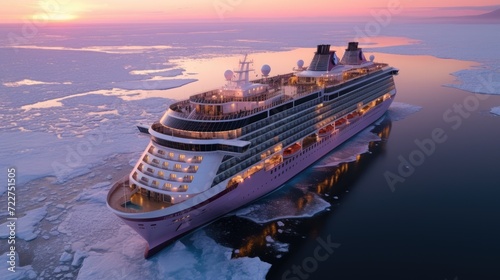 A modern, white cruise ship sails the Arctic Ocean, among ice floes and asbergs. Travel and vacation. En route. photo