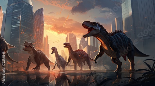 illustration dinosaurs meeting the modern era, with prehistoric creatures walking among towering skyscrapers background. photo