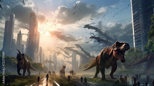 illustration dinosaurs meeting the modern era, with prehistoric creatures walking among towering skyscrapers background. © Xabrina