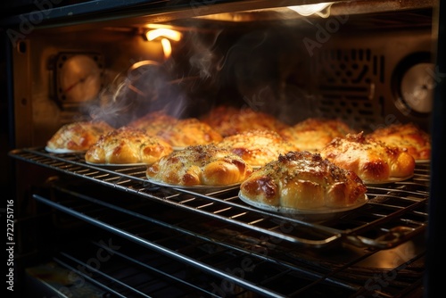 Delicious pie in the oven, close-up, kitchen or dining room interior