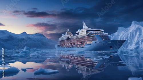 A modern, white cruise ship sails the Arctic Ocean, among ice floes and asbergs. Travel and vacation. En route.