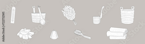 Sauna Hand Drawn Bathing Accessory and Sketch Item Vector Set