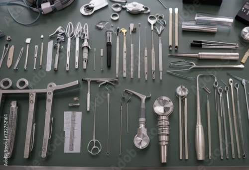 Top down view on various dental instruments such as syringe, toothbrushes, false teeth, pliers, mouth mirror, floss, picks, drill, scissors and mask