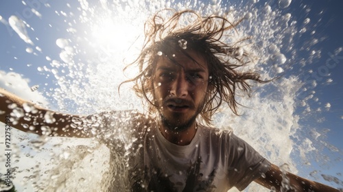 portrait of a man under splashes of water on a sunny day 