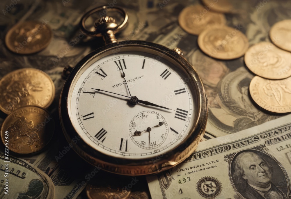 clock and stacks of coins : time - money clock and stacks of coins : time - money