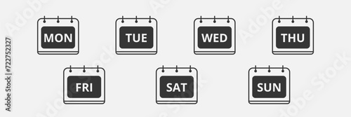 Calendar icons set, Seven Days of weeks. Organizer, planner, notes symbols. Vector