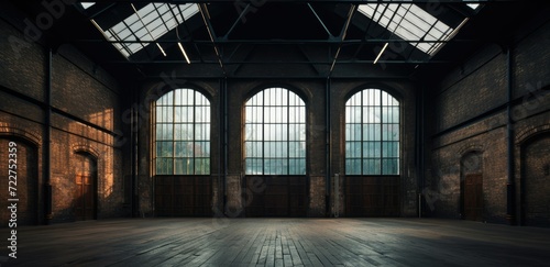 Large and old empty factory building with large windows and sunrays illustration