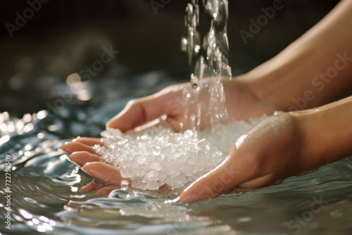 Close-up of a woman's hands pouring bath crystals into a tub of water, with gentle steam rising and soft focus on the ripples, highlighting the sensor