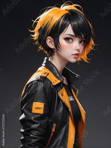 cute girl, black background, yellow orange black short messy hair, looking at another point, illustration, wearing black leather jacket 