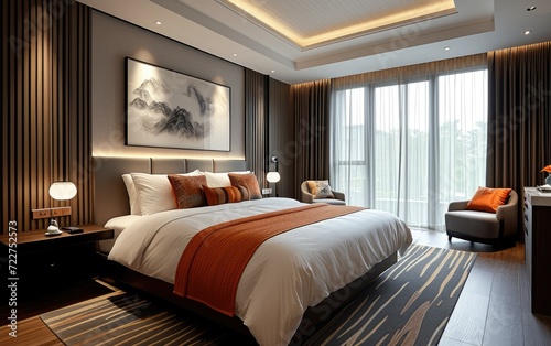 Modern bedroom interior with elegant decor, a comfortable bed, and a large window allowing natural light. © AdibaZR