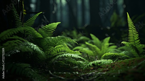 Sunlight filtering through a dense forest, highlighting the lush green ferns on the forest floor.