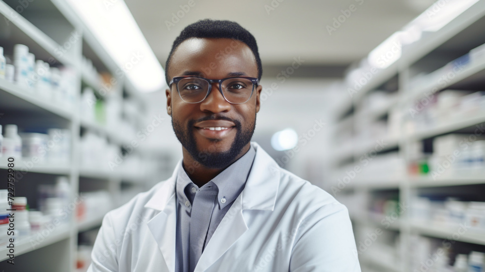 african male pharmacist standing by shelf at the pharmacy store.