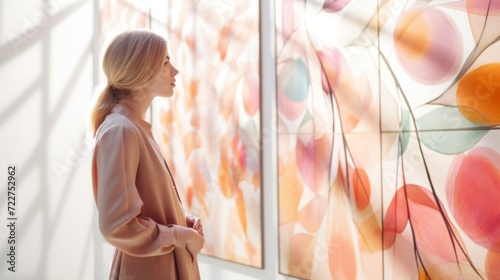 Elegant woman in a soft beige coat observing colorful abstract art on a gallery wall, reflecting on the vibrant patterns.