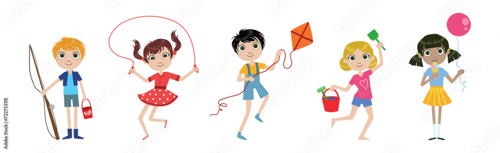 Little Girl and Boy Character Engaged in Different Summer Activity Vector Illustration Set Little Girl and Boy Character Engaged in Different Summer Activity Vector Illustration Set