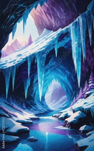 An illustration of an ice cave with a blue light and purple background.