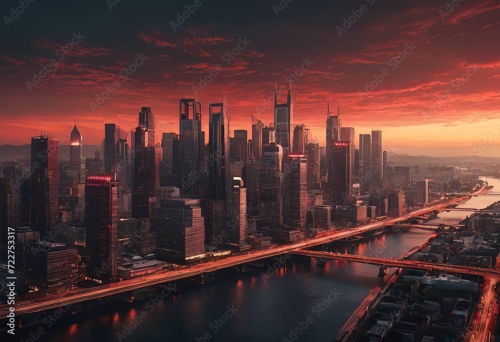 A big red sun in the sunset sky over the roofs of buildings, urban landscape. Evening sky in bright sunlight over the twilight city
