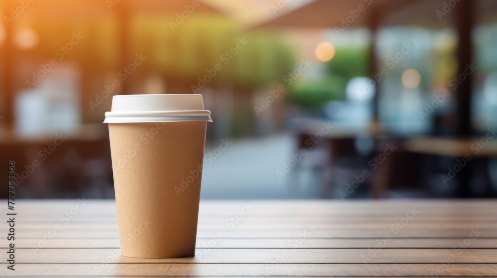 A takeaway coffee cup stands on a wooden table with a warm, blurred café background, suggesting a morning routine. A takeaway coffee cup stands on a wooden table with a warm, blurred café background, suggesting a morning routine.
