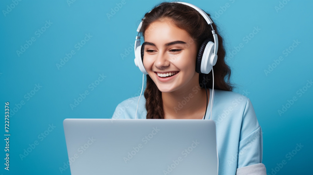 Smiling teen girl using laptop for online study Smiling teen girl using laptop for online study