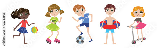Little Girl and Boy Character Engaged in Different Summer Activity Vector Illustration Set