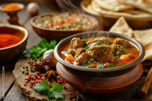 An atmospheric composition featuring a steaming bowl of halal lamb stew, with pita and Middle Eastern spices, conveying comfort and culinary adventure. Soft focus.