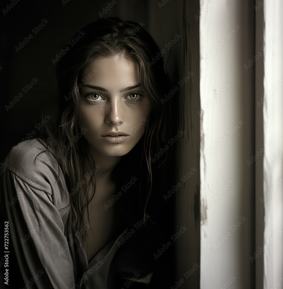 Pensive Beauty in Soft Light by the Window. Image created with AI Pensive Beauty in Soft Light by the Window. Image created with AI