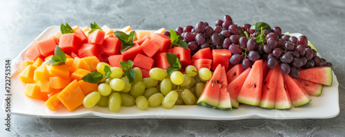 A refreshing spread of halal fruit platter  featuring ripe fruits such as watermelon  cantaloupe  and grapes  artfully arranged on a crisp white dish  evoking health and vitality.