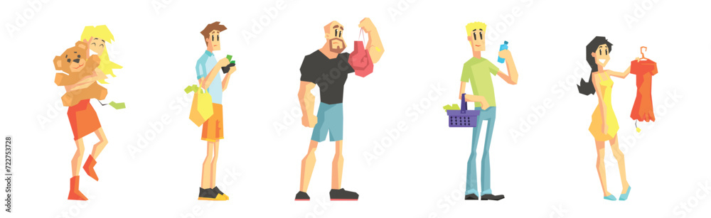 Shopping with Man and Woman Character Choose Things to Buy Vector Set Shopping with Man and Woman Character Choose Things to Buy Vector Set