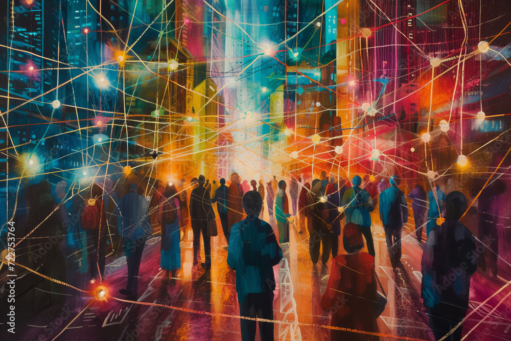 A lively cityscape painting with vibrant colors, portraying a diverse group of interconnected individuals within a web-like network, symbolizing unity and collaboration. - obrazy, fototapety, plakaty 