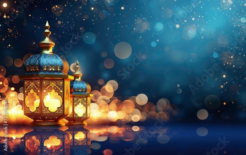 ramadan mubarak banner background- arabic lantern with light burning candle bokeh background, eid mubarka lantern 