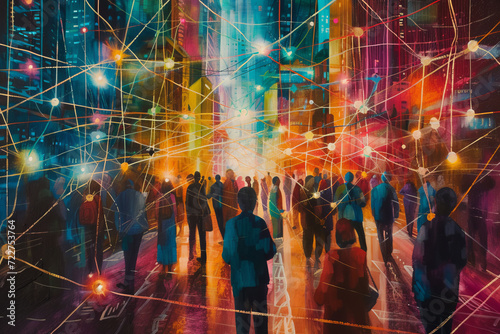 A lively cityscape painting with vibrant colors, portraying a diverse group of interconnected individuals within a web-like network, symbolizing unity and collaboration. photo