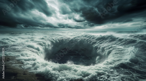 Dramatic ocean whirlpool under stormy skies.