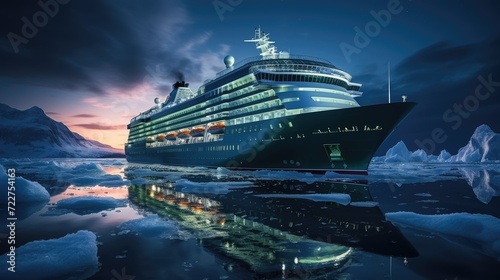 A modern, white cruise ship sails the Arctic Ocean, among ice floes and asbergs. Travel and vacation. En route, northern lights photo