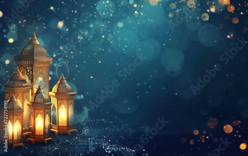 ramadan mubarak banner background- arabic lantern with light burning candle bokeh background, eid mubarka lantern  © Divine123victory
