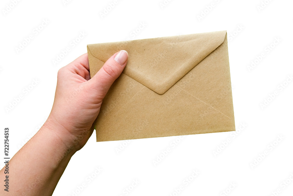A hand holds a closed kraft envelope. Letter in hand on transparent background