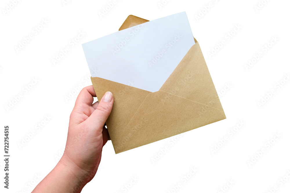 A hand holds a envelope with a blank sheet of paper. Letter template on transparent background