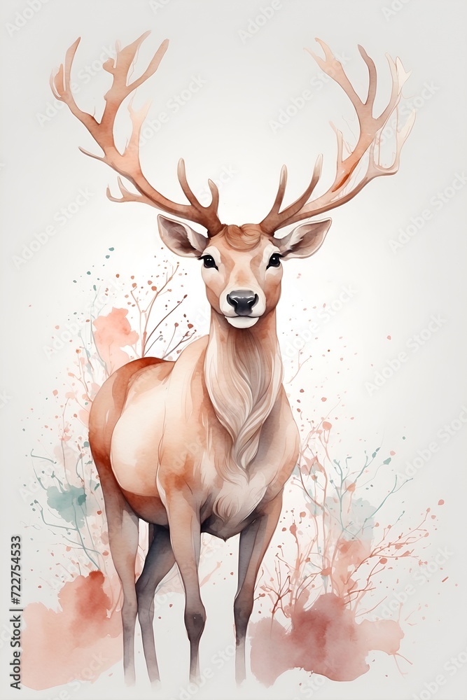 deer in the forest, watercolor, soft pastel palette, nursery wall mural, very minimalistic one line drawing, white wall