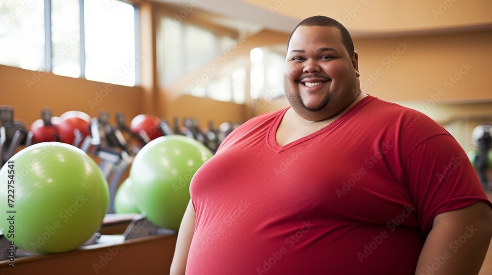 A cheerful plus-size man wearing a red shirt poses confidently in a gym, promoting a positive body image and inclusivity in fitness. A cheerful plus-size man wearing a red shirt poses confidently in a gym, promoting a positive body image and inclusivity in fitness.