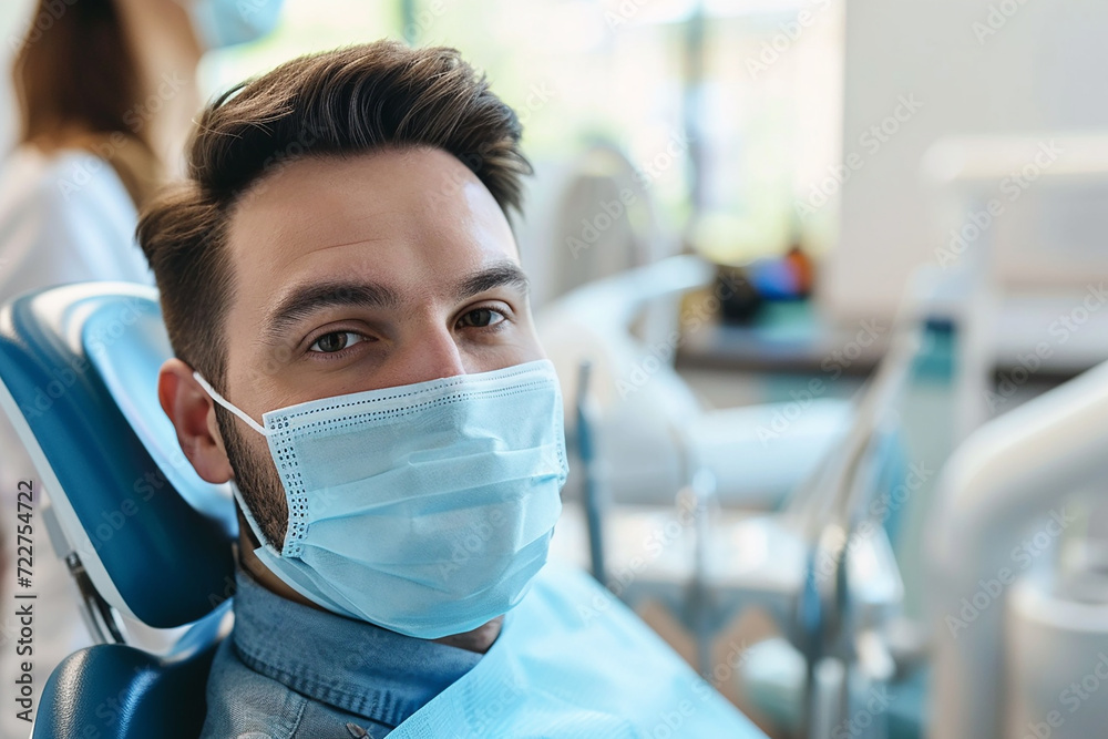 Man waiting on the doctor's chair with a mask on his face