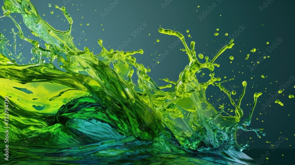 Fototapeta premium Vibrant green liquid splash on dark background, dynamic motion, abstract fluid art.